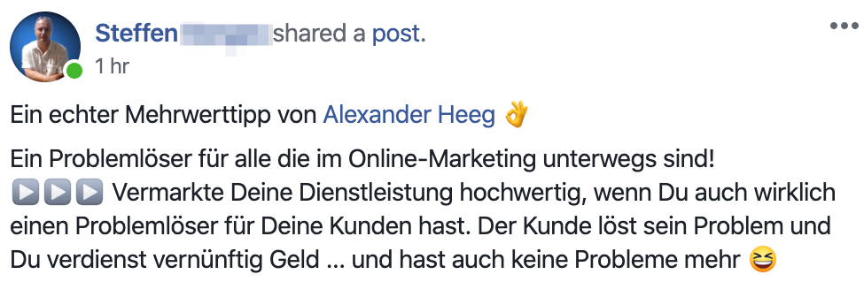 Kundenergebnis der Agentur Consulting (Alexander Heeg, Heeg Consulting GmbH) – Screenshot aus der privaten Kunden-Community