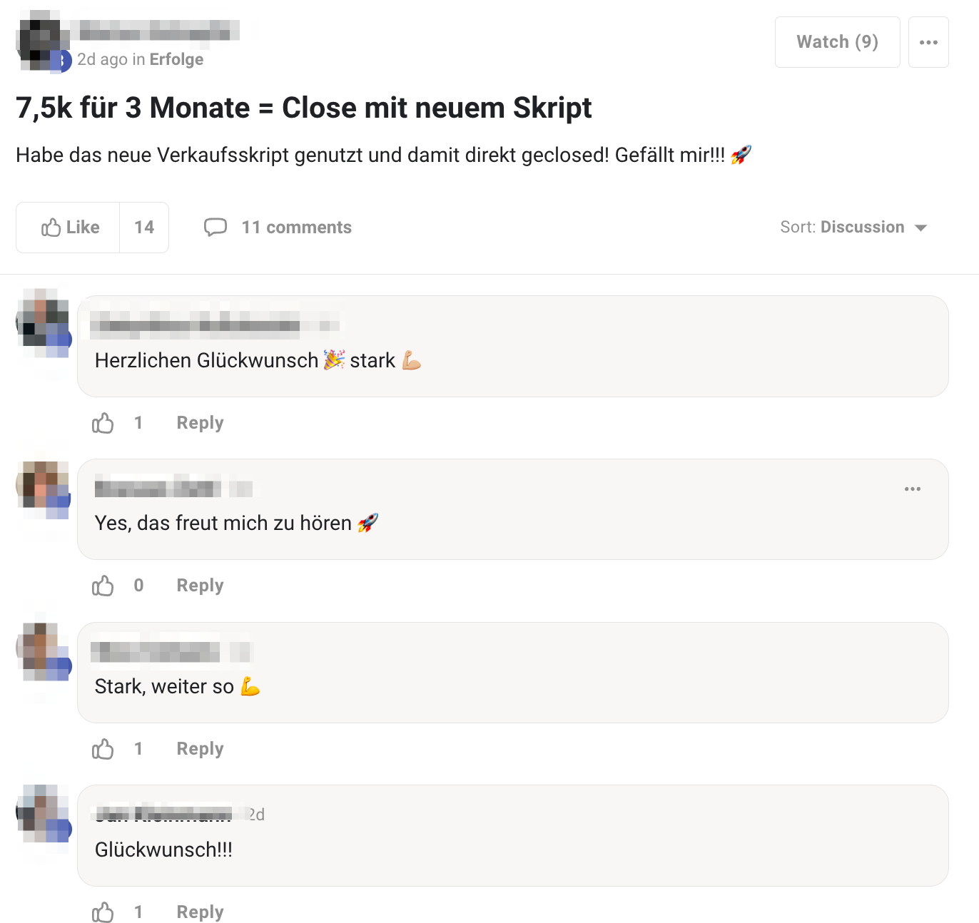 „7,5k für 3 Monate = Close mit neuem Skript. Habe das neue Verkaufsskript genutzt und damit direkt geclosed! Gefällt mir!!! 🚀“ — 14 Likes, 11 Kommentare, u. a.: „Herzlichen Glückwunsch 🎉 stark 💪“, „Yes, das freut mich zu hören 🚀“, „Stark, weiter so 💪“, „Glückwunsch!!!“