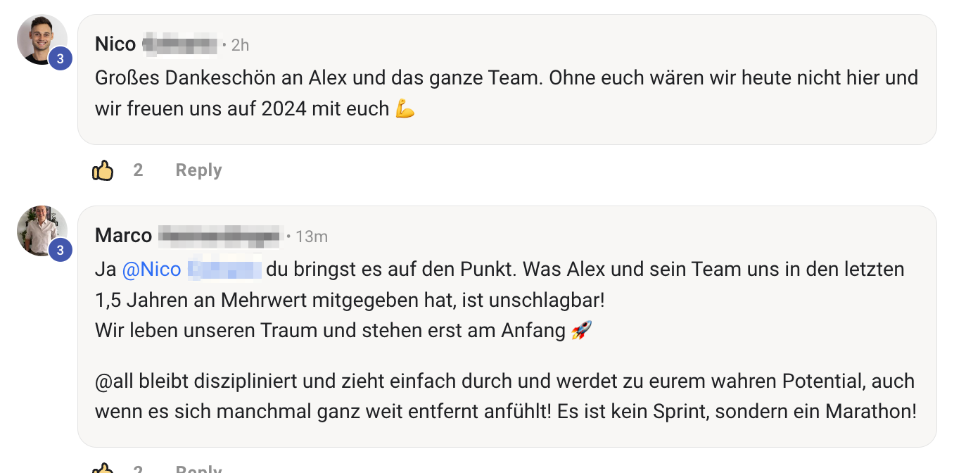 Kundenergebnis der Agentur Consulting (Alexander Heeg, Heeg Consulting GmbH) – Screenshot aus der privaten Kunden-Community