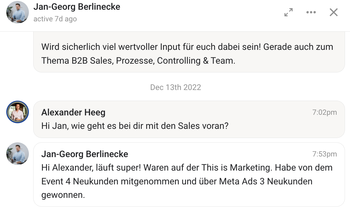 Kundenergebnis der Agentur Consulting (Alexander Heeg, Heeg Consulting GmbH) – Screenshot aus der privaten Kunden-Community