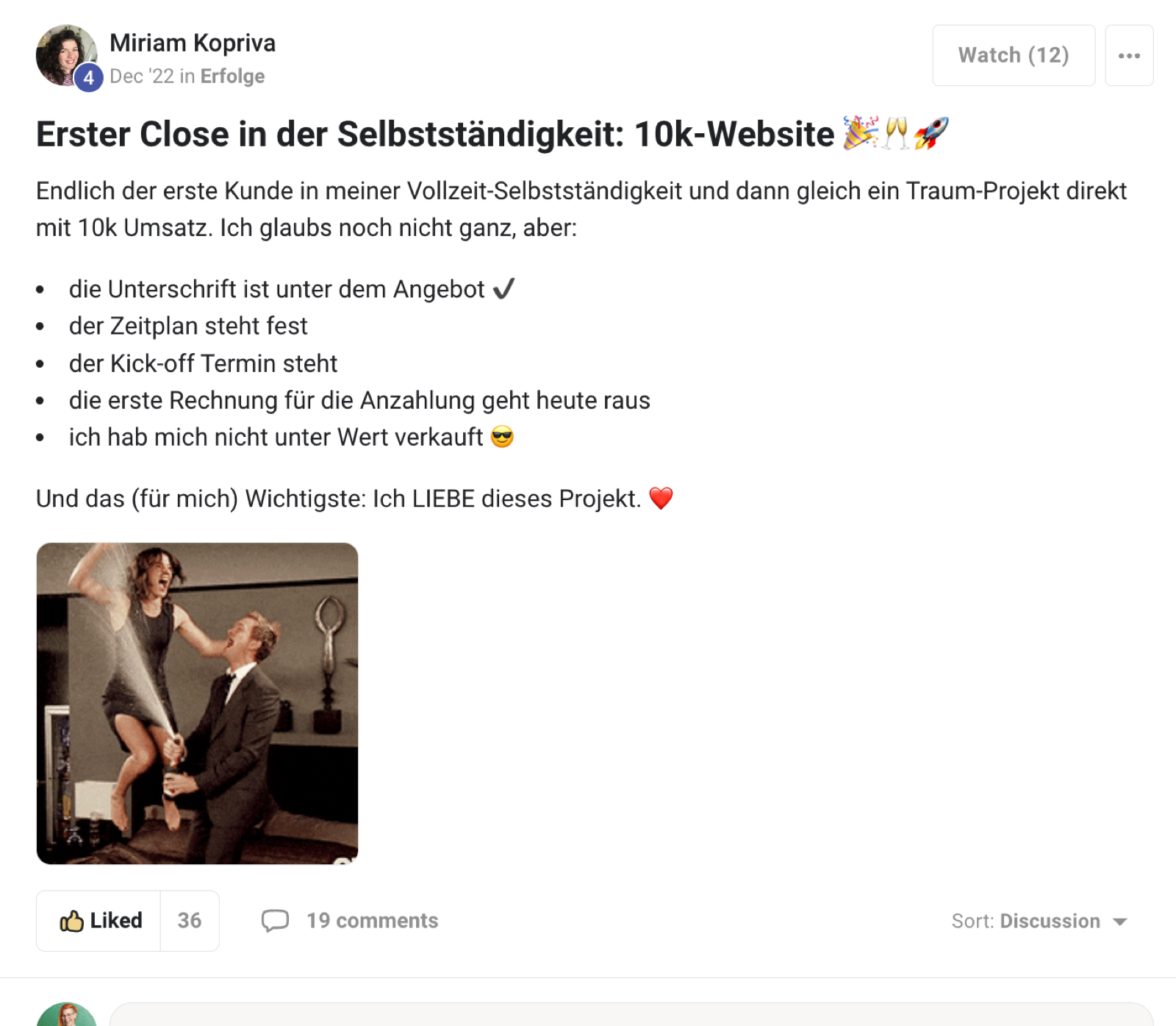 Kundenergebnis der Agentur Consulting (Alexander Heeg, Heeg Consulting GmbH) – Screenshot aus der privaten Kunden-Community