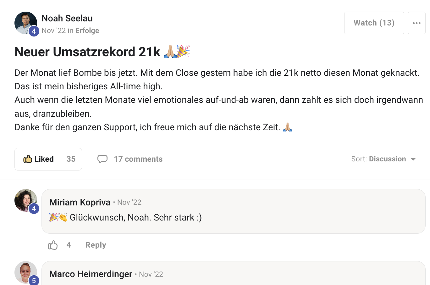 Kundenergebnis der Agentur Consulting (Alexander Heeg, Heeg Consulting GmbH) – Screenshot aus der privaten Kunden-Community