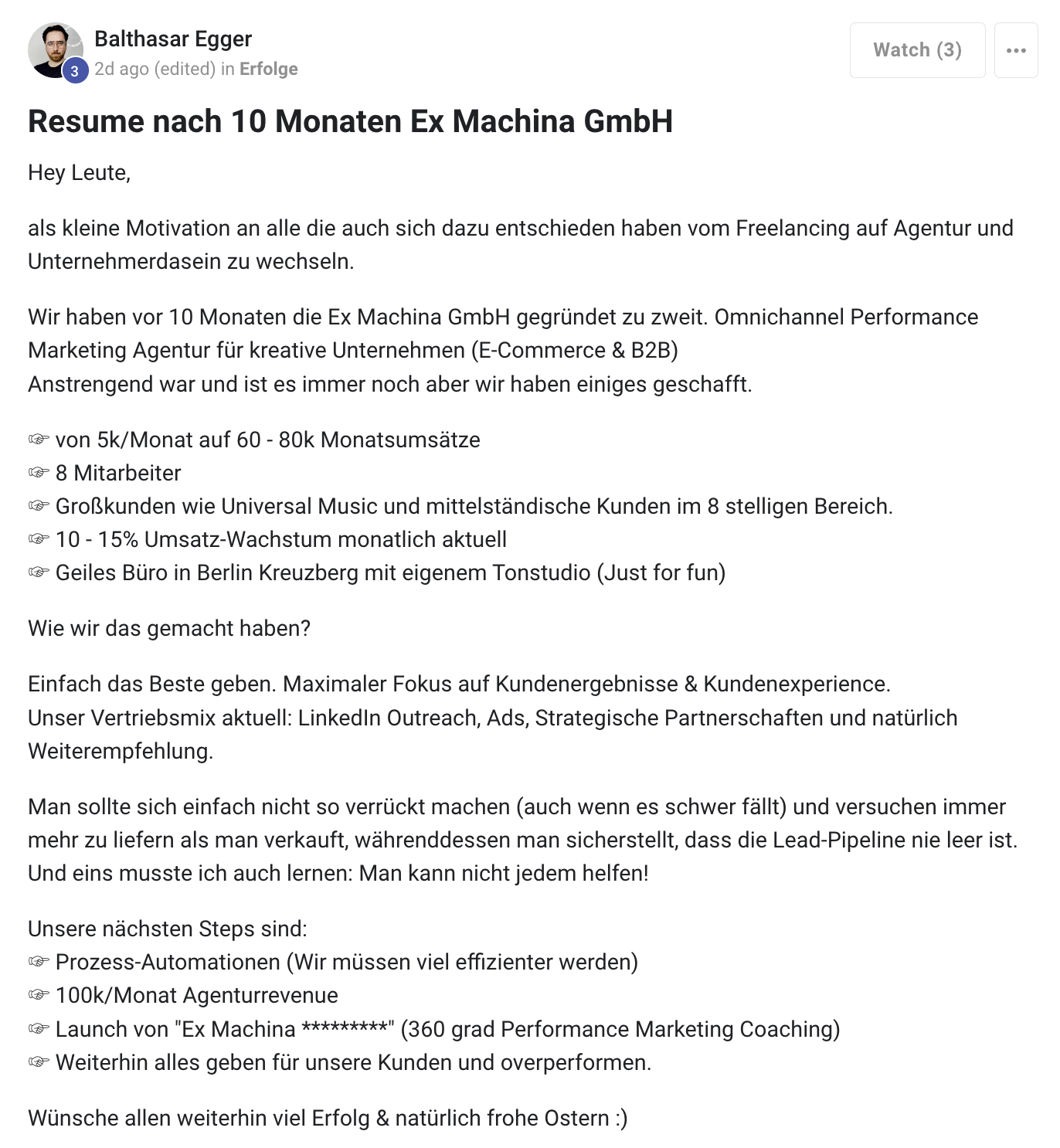 Kundenergebnis der Agentur Consulting (Alexander Heeg, Heeg Consulting GmbH) – Screenshot aus der privaten Kunden-Community