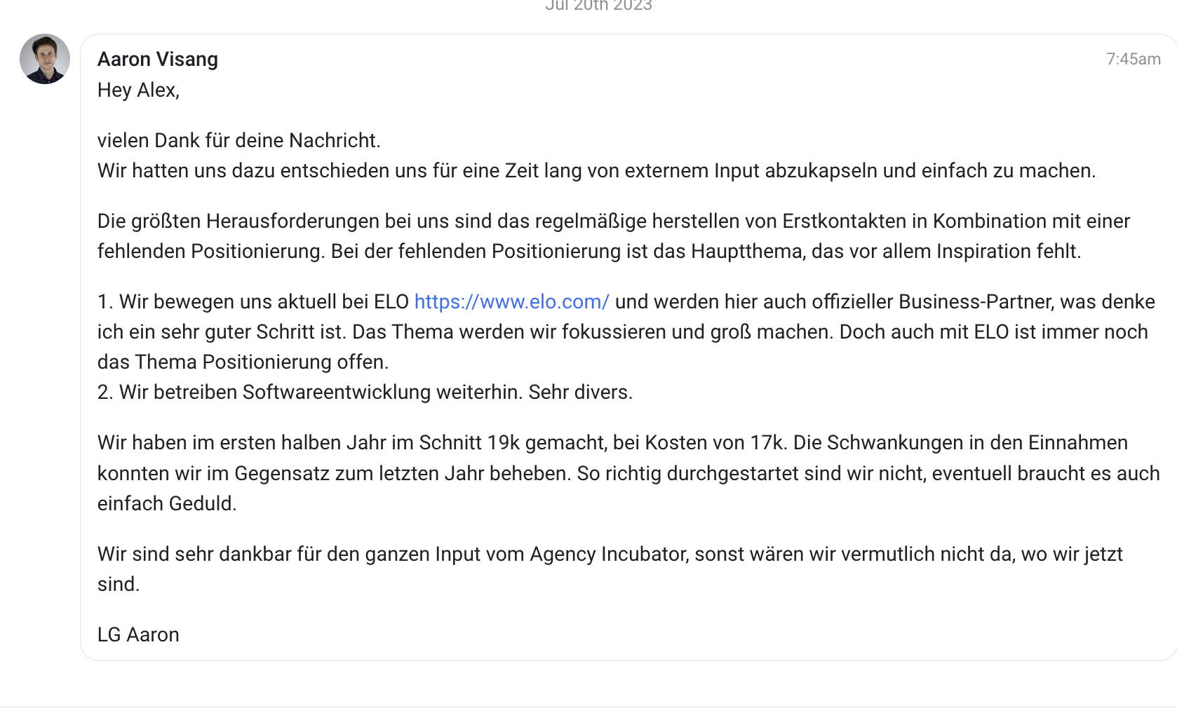 Kundenergebnis der Agentur Consulting (Alexander Heeg, Heeg Consulting GmbH) – Screenshot aus der privaten Kunden-Community