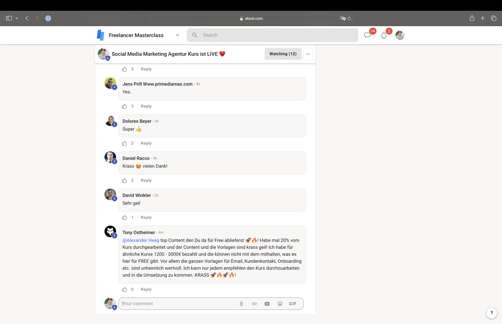 Kundenergebnis der Agentur Consulting (Alexander Heeg, Heeg Consulting GmbH) – Screenshot aus der privaten Kunden-Community