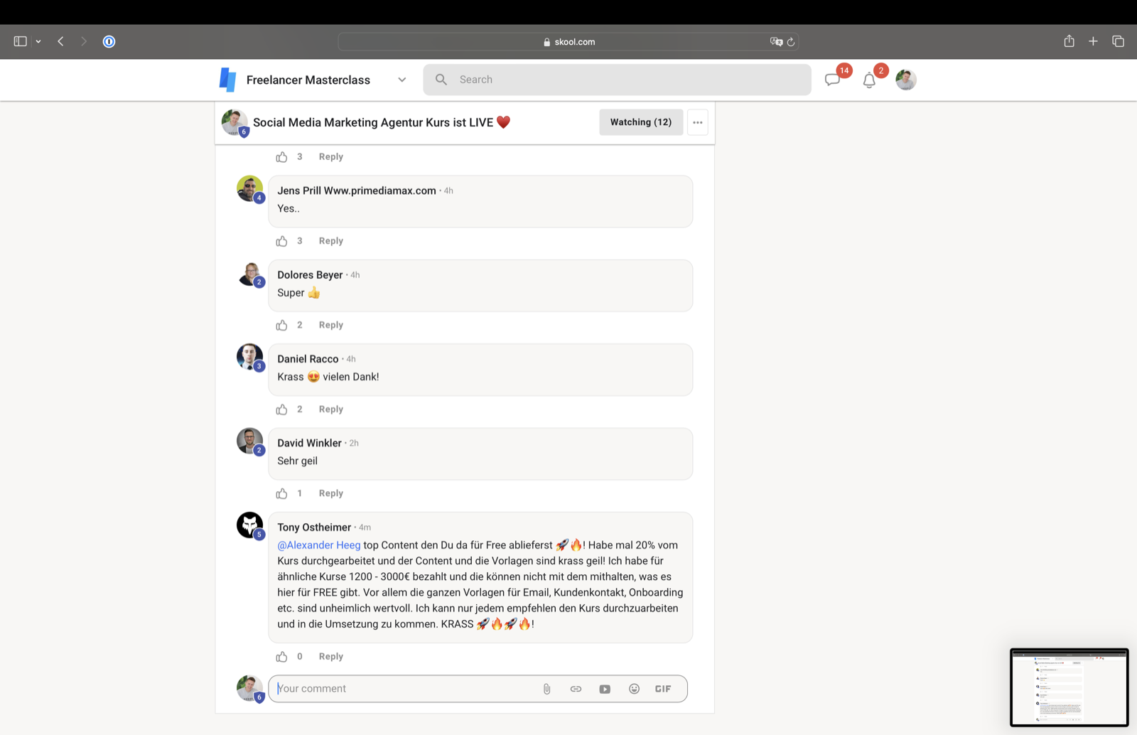 Kundenergebnis der Agentur Consulting (Alexander Heeg, Heeg Consulting GmbH) – Screenshot aus der privaten Kunden-Community