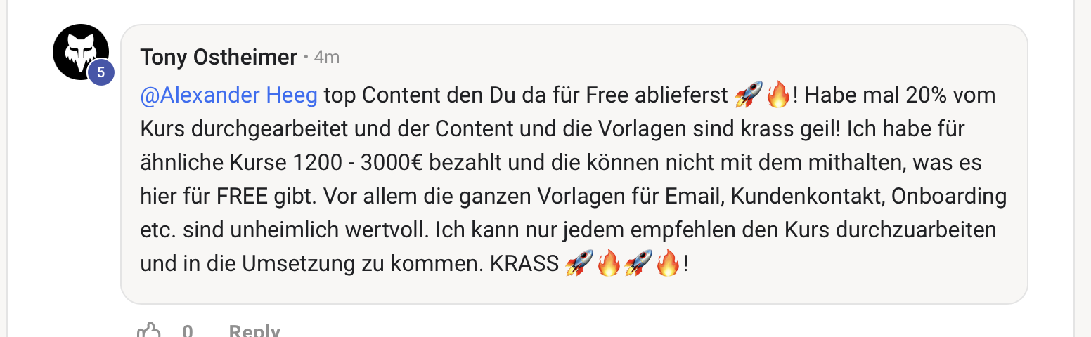 Kundenergebnis der Agentur Consulting (Alexander Heeg, Heeg Consulting GmbH) – Screenshot aus der privaten Kunden-Community
