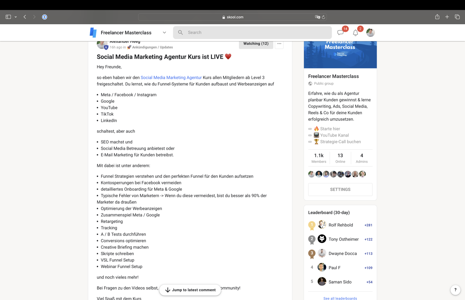 Kundenergebnis der Agentur Consulting (Alexander Heeg, Heeg Consulting GmbH) – Screenshot aus der privaten Kunden-Community
