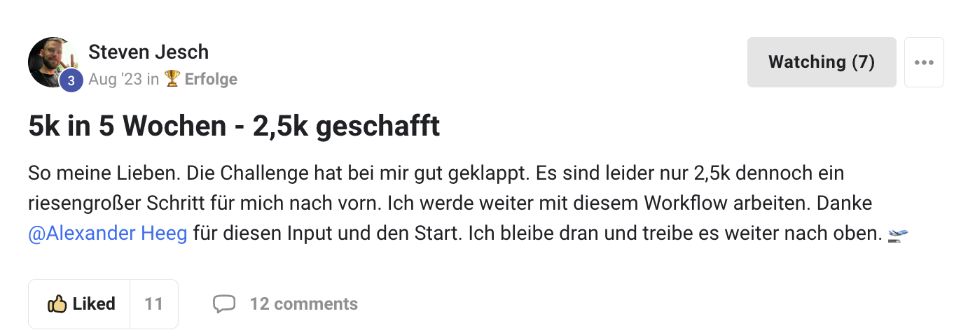 Kundenergebnis der Agentur Consulting (Alexander Heeg, Heeg Consulting GmbH) – Screenshot aus der privaten Kunden-Community