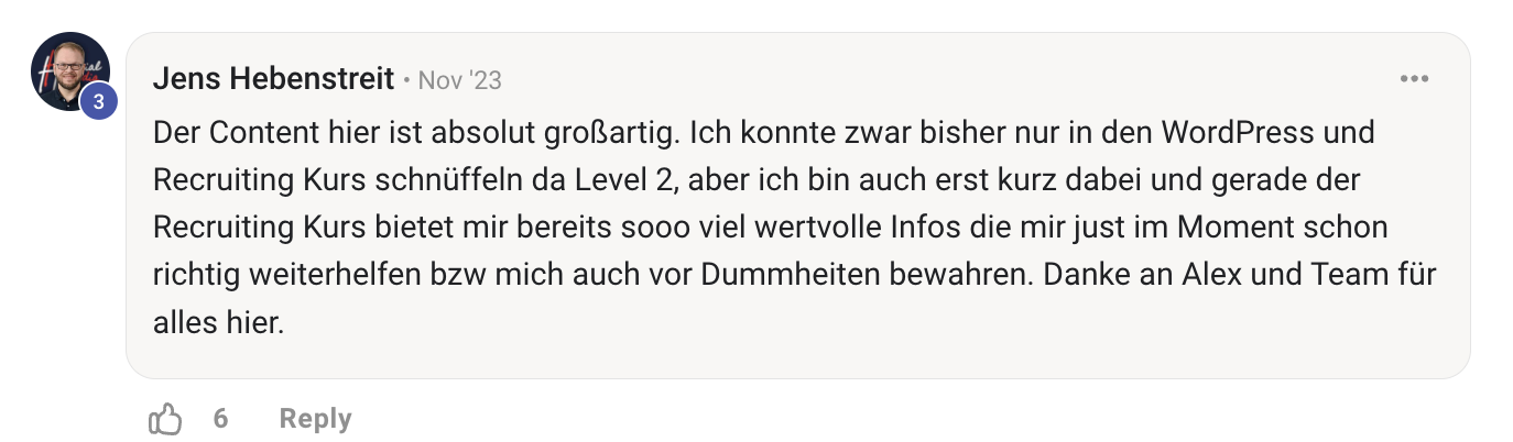 Kundenergebnis der Agentur Consulting (Alexander Heeg, Heeg Consulting GmbH) – Screenshot aus der privaten Kunden-Community