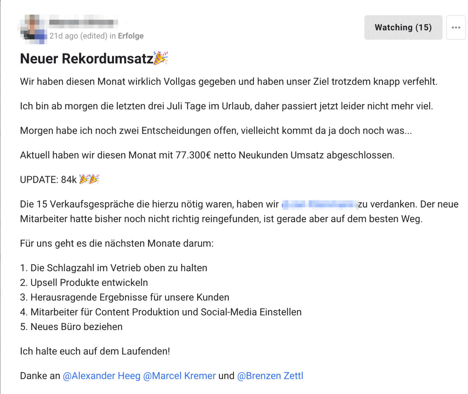 Kundenergebnis der Agentur Consulting (Alexander Heeg, Heeg Consulting GmbH) – Screenshot aus der privaten Kunden-Community